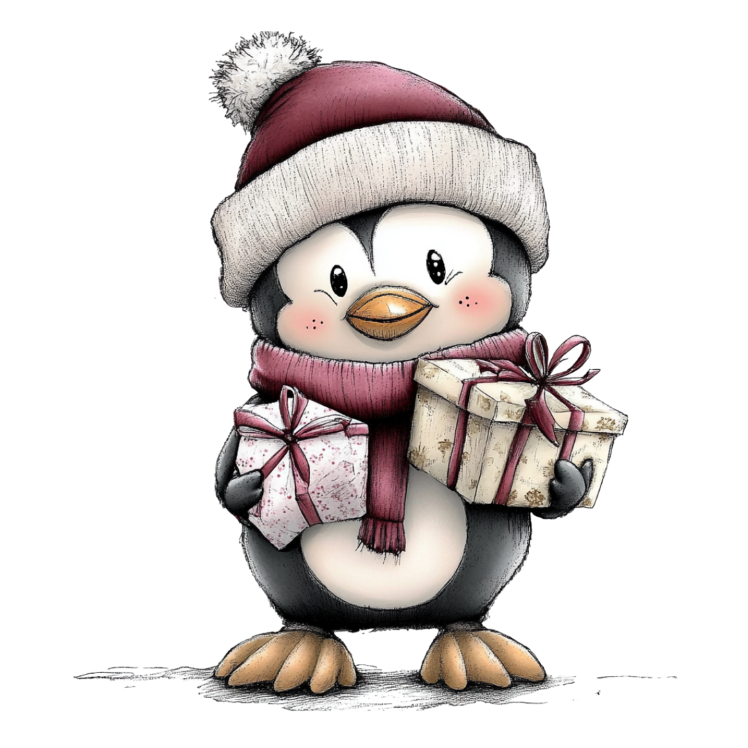 Bügelbild - Plott - Pinguin mit Geschenk - 10cm x 12cm