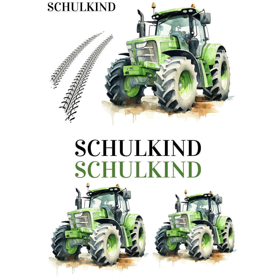 Bügelbild-Set Schulanfang Traktor – Plott-Motive mit Traktoren in verschiedenen Größen und Schriftzug. DIY-Bügelbilder für die Einschulung und Schultüten von kleinen Jungs.