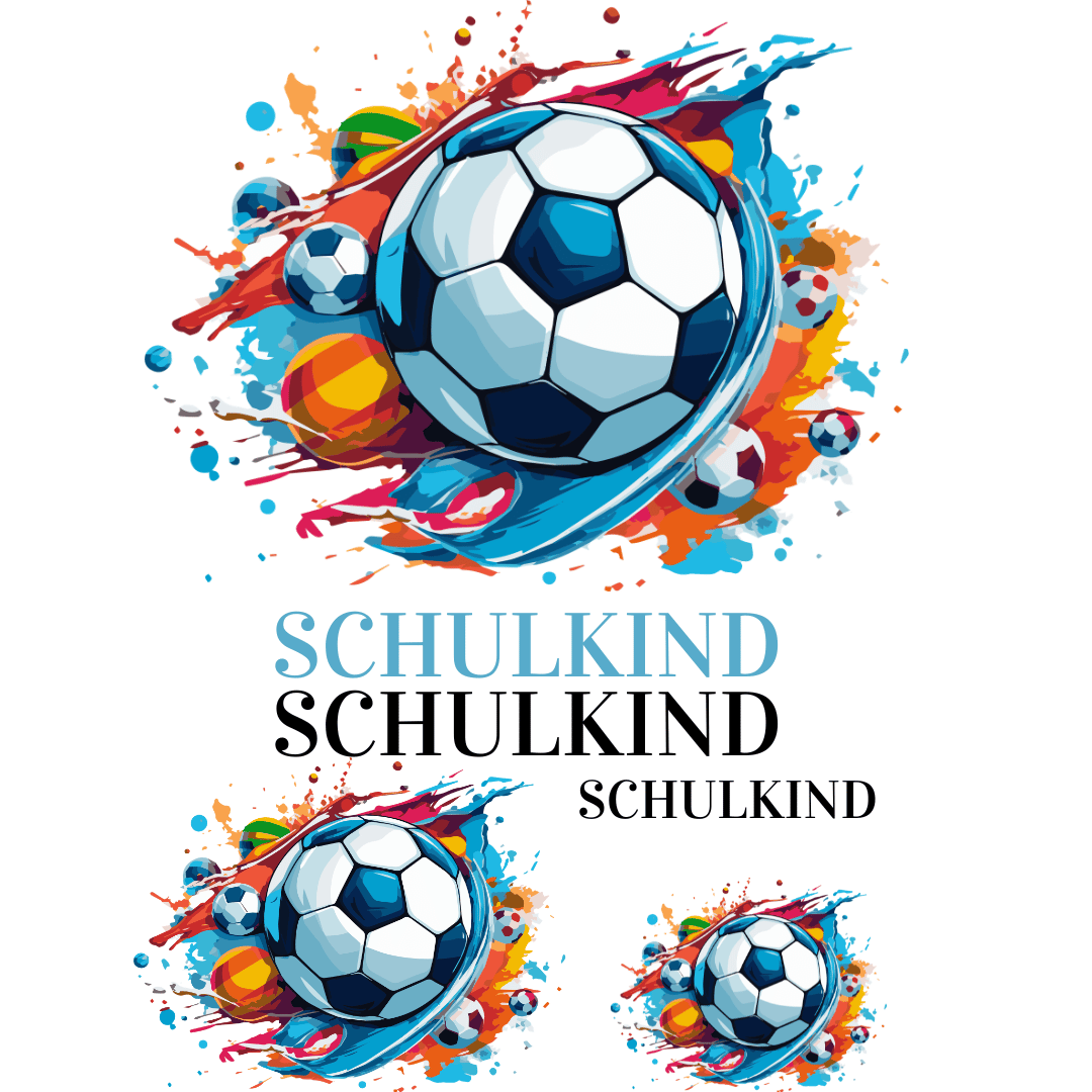 Bügelbild-Set Schulanfang Fußball – Plott-Motive mit Fußbällen in verschiedenen Größen und Schriftzug. DIY-Bügelbilder für die Einschulung und Schultüten für kleine Fußballfans.