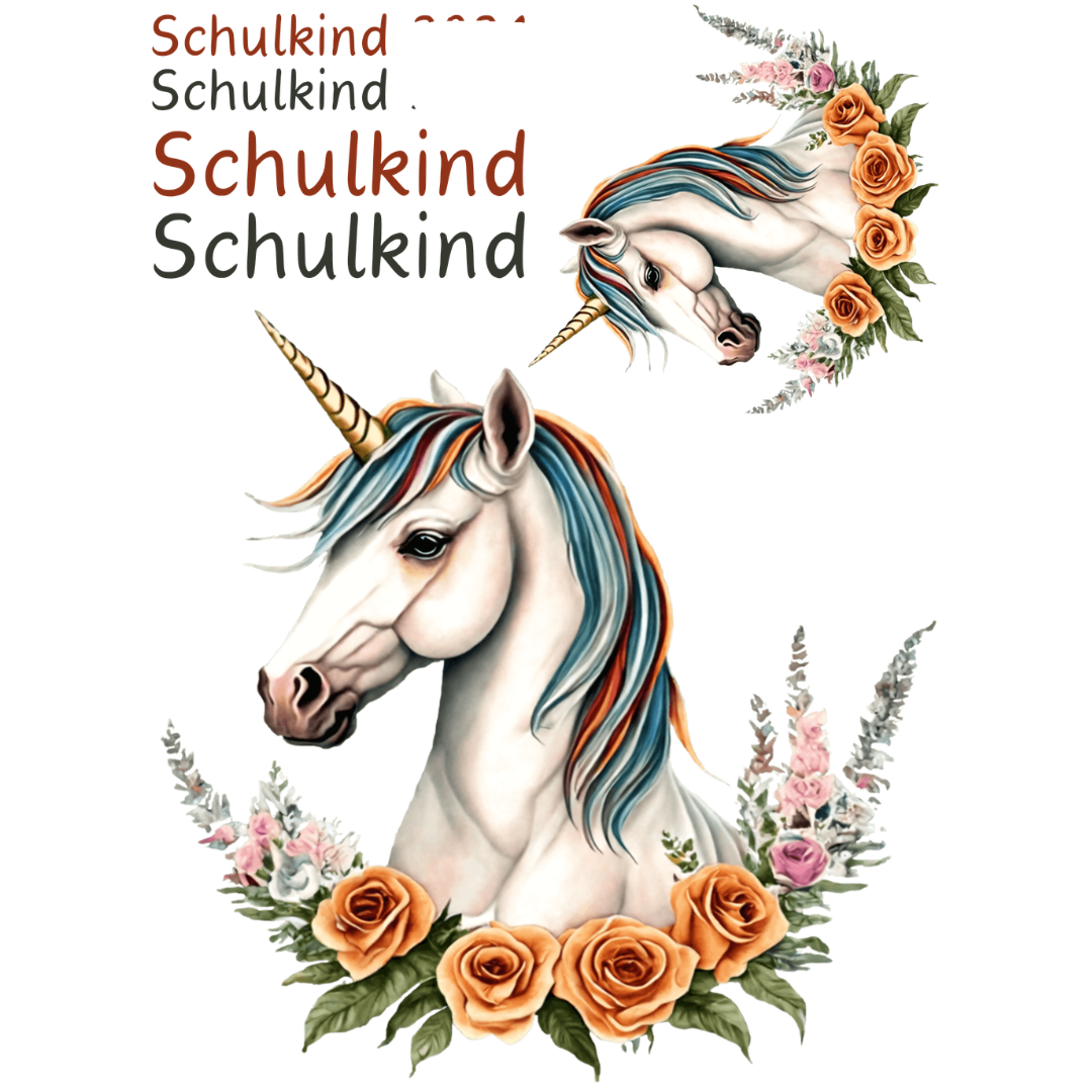 Bügelbild-Set Schulanfang Einhorn Blumen – Hochwertige Plott-Motive mit Einhörnern im Blumendesign und Schriftzügen. DIY-Bügelbilder für Schultüten und Einschulungsshirts.